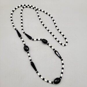 Black and White Glass Beaded Necklace Faceted Beads Flapper 42 Inches Long